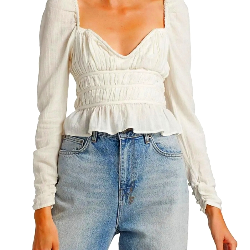 Free People White Ruched Peplum Blouse
